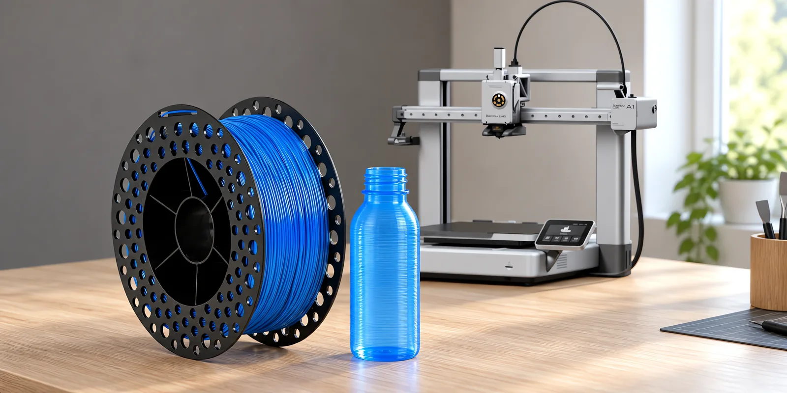 Carretel de filamento petg azul sobre una mesa de roble claro, con una impresora 3D detrás y una botella impresa en el mismo color al lado.