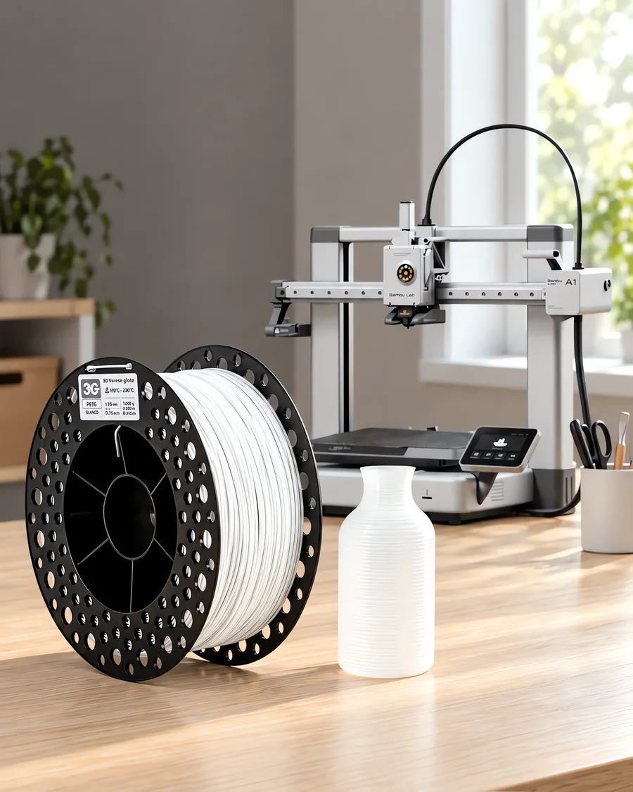 Carretel de filamento petg blanco sobre una mesa de roble claro, con una impresora 3D detrás y una botella impresa en el mismo color al lado.