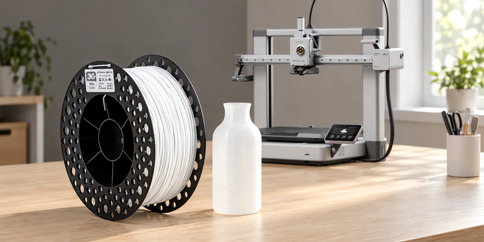 Carretel de filamento petg blanco sobre una mesa de roble claro, con una impresora 3D detrás y una botella impresa en el mismo color al lado.