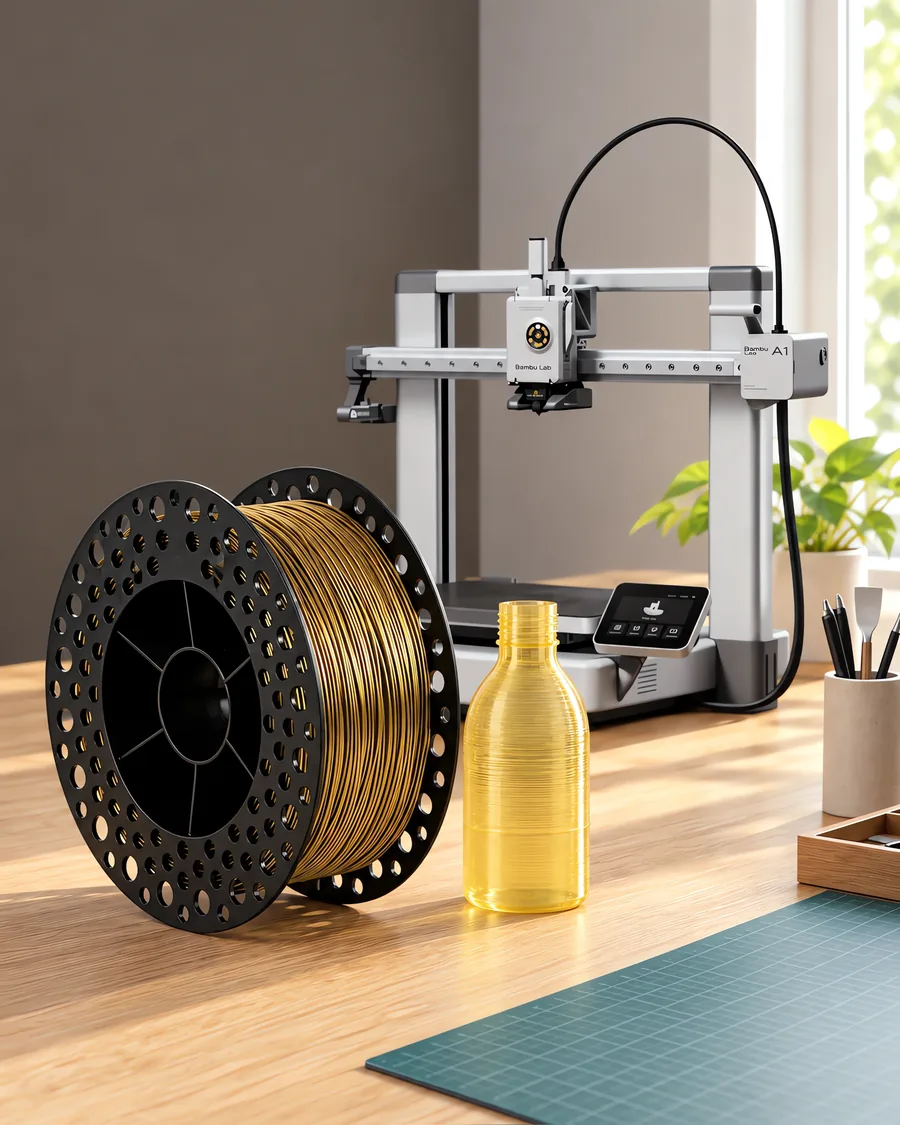 Carretel de filamento petg bronze sobre una mesa de roble claro, con una impresora 3D detrás y una botella impresa en el mismo color al lado.