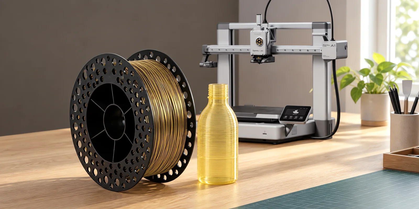Carretel de filamento petg bronze sobre una mesa de roble claro, con una impresora 3D detrás y una botella impresa en el mismo color al lado.