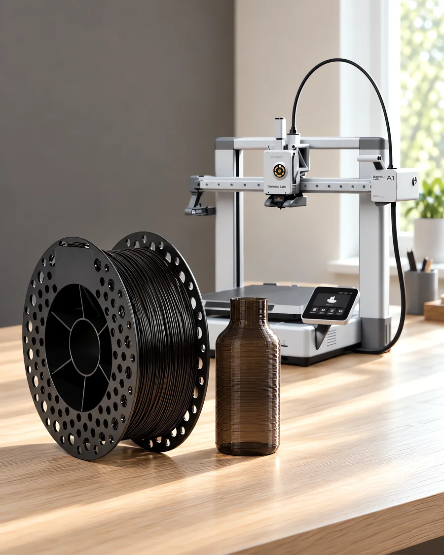 Carretel de filamento petg negro sobre una mesa de roble claro, con una impresora 3D detrás y una botella impresa en el mismo color al lado.