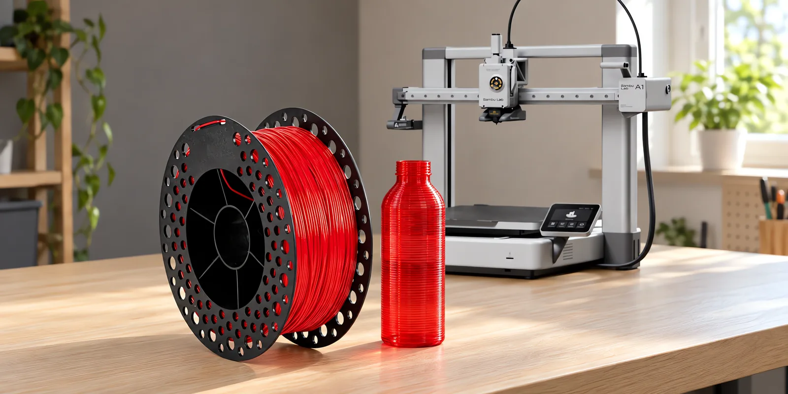 Carretel de filamento petg rojo sobre una mesa de roble claro, con una impresora 3D detrás y una botella impresa en el mismo color al lado.