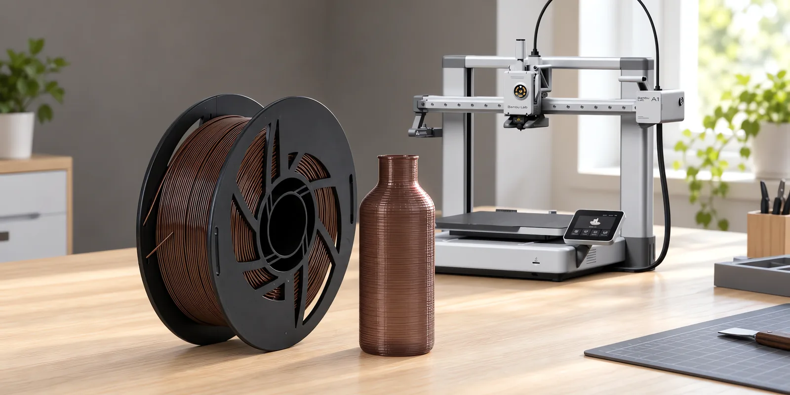 Carretel de filamento petg chocolate sobre una mesa de roble claro, con una impresora 3D detrás y una botella impresa en el mismo color al lado.