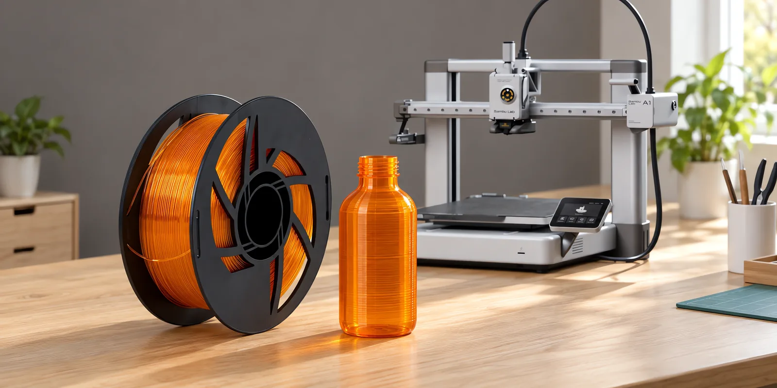 Carretel de filamento petg clear ambar sobre una mesa de roble claro, con una impresora 3D detrás y una botella impresa en el mismo color al lado.