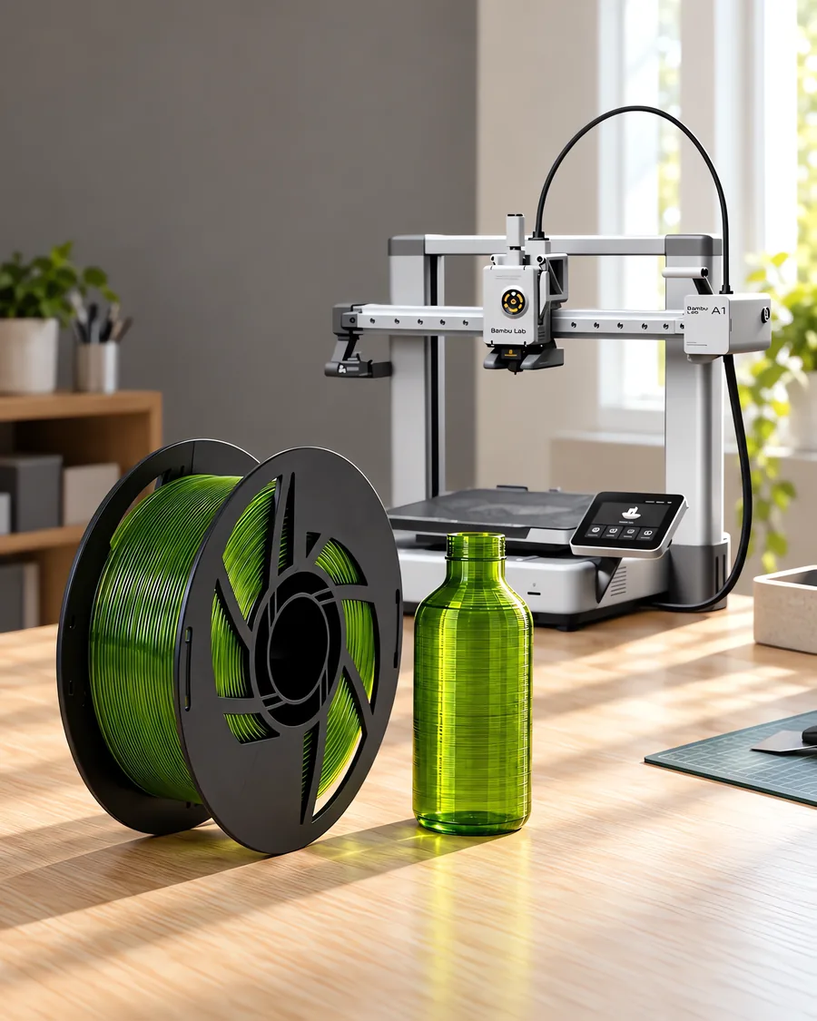 Carretel de filamento petg clear verde sobre una mesa de roble claro, con una impresora 3D detrás y una botella impresa en el mismo color al lado.