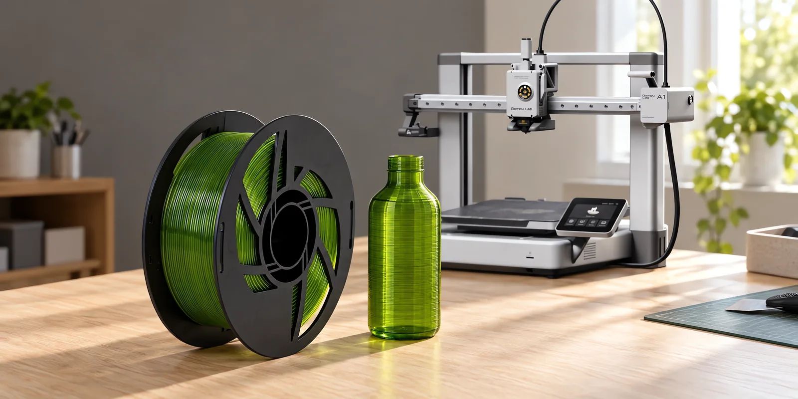 Carretel de filamento petg clear verde sobre una mesa de roble claro, con una impresora 3D detrás y una botella impresa en el mismo color al lado.
