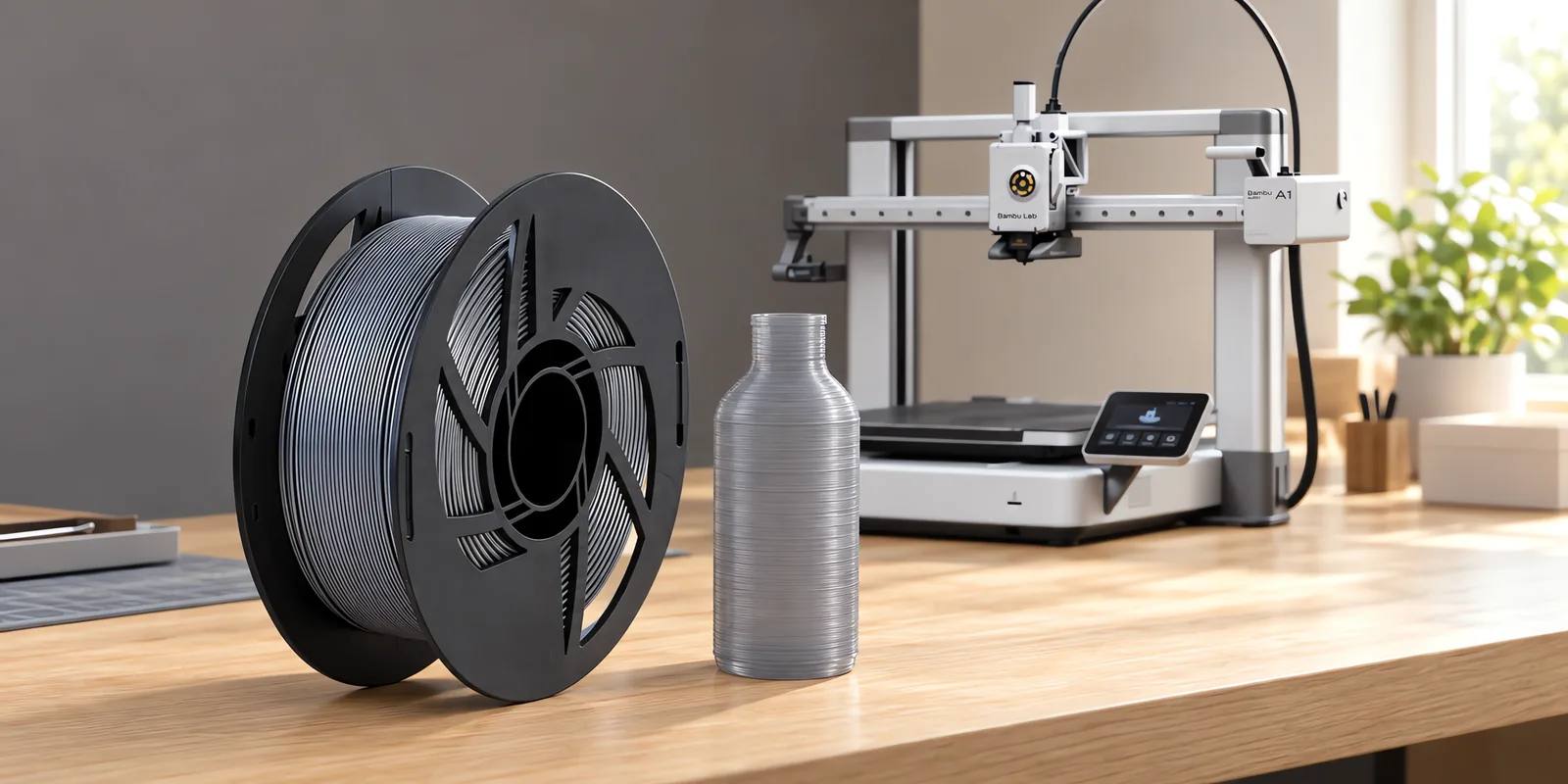 Carretel de filamento petg gris plata sobre una mesa de roble claro, con una impresora 3D detrás y una botella impresa en el mismo color al lado.