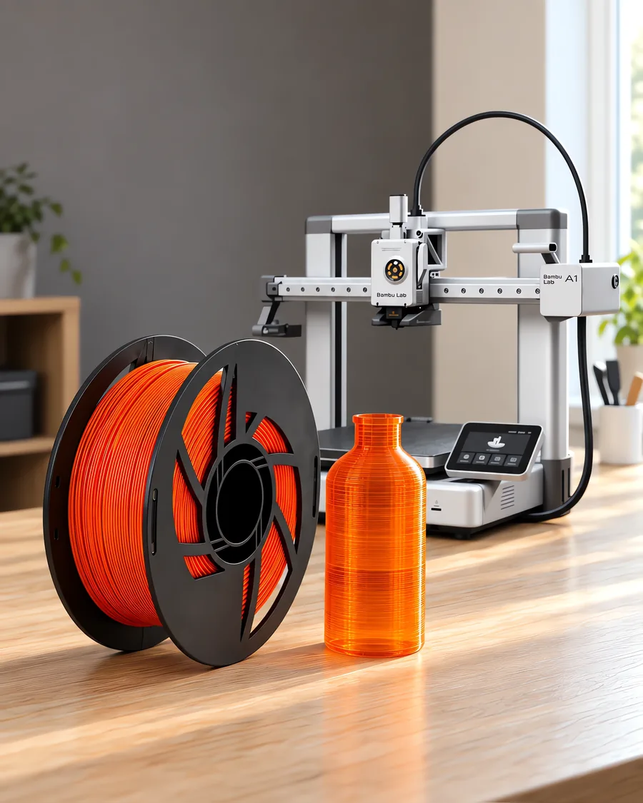 Carretel de filamento petg naranja praga sobre una mesa de roble claro, con una impresora 3D detrás y una botella impresa en el mismo color al lado.