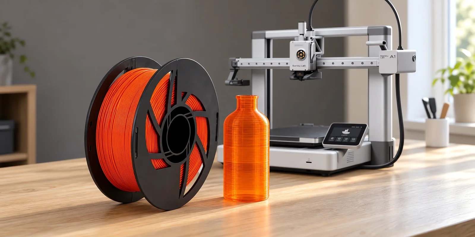 Carretel de filamento petg naranja praga sobre una mesa de roble claro, con una impresora 3D detrás y una botella impresa en el mismo color al lado.