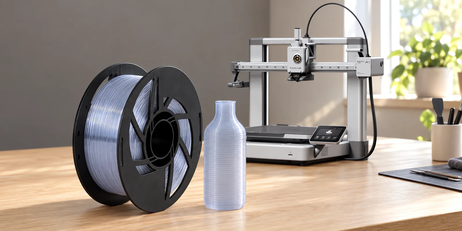 Carretel de filamento petg natural sobre una mesa de roble claro, con una impresora 3D detrás y una botella impresa en el mismo color al lado.