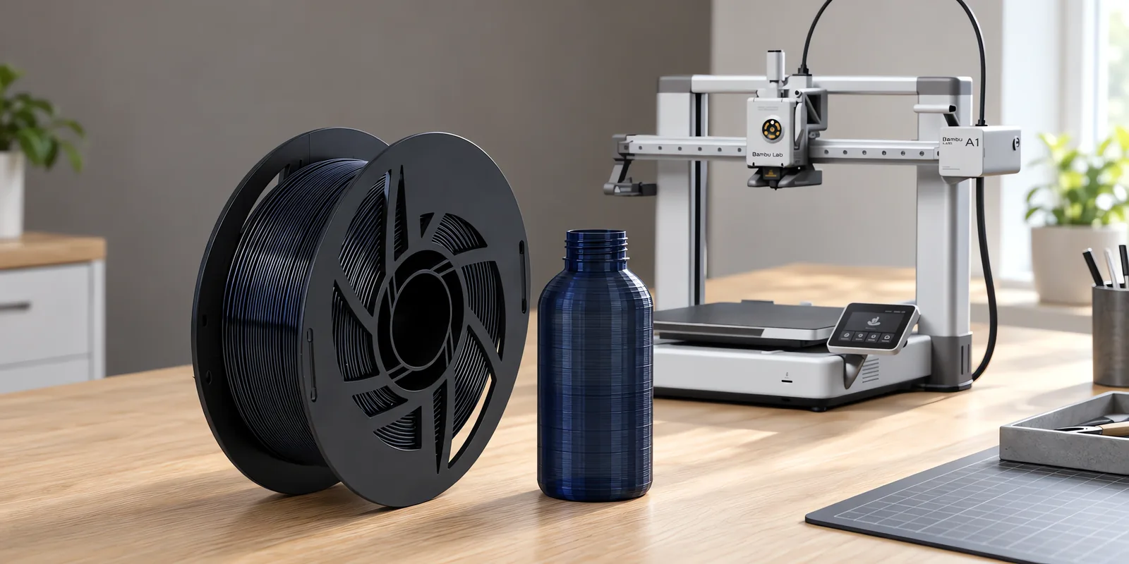 Carretel de filamento petg negro sobre una mesa de roble claro, con una impresora 3D detrás y una botella impresa en el mismo color al lado.