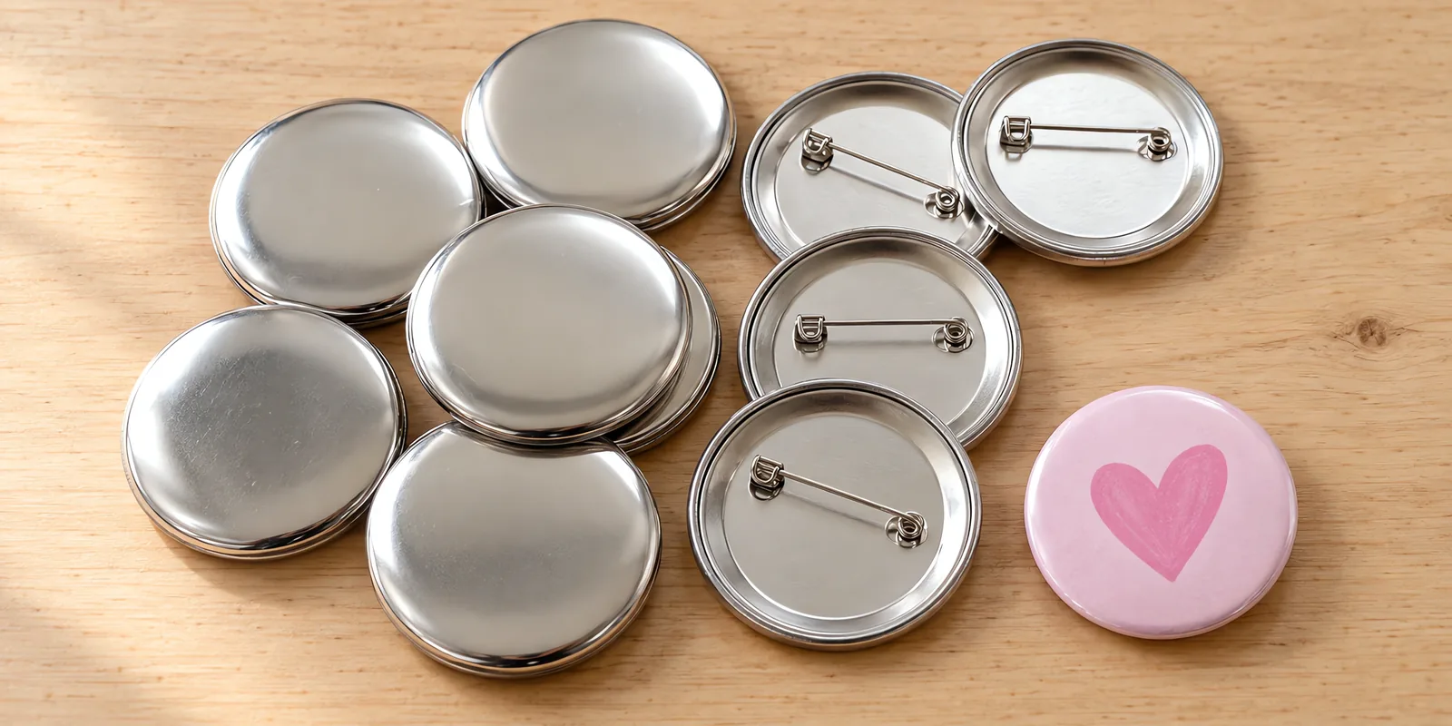 Pins metálicos de 58 mm sobre la mesa, con un pin terminado al lado