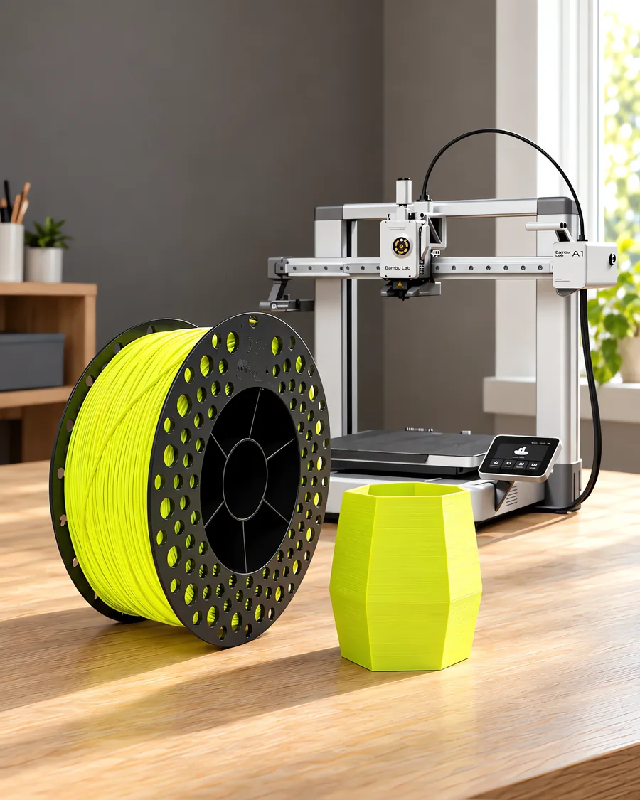 Carretel de filamento pla amarillo fluo sobre una mesa de roble claro, con una impresora 3D detrás y una maceta impresa en el mismo color al lado.