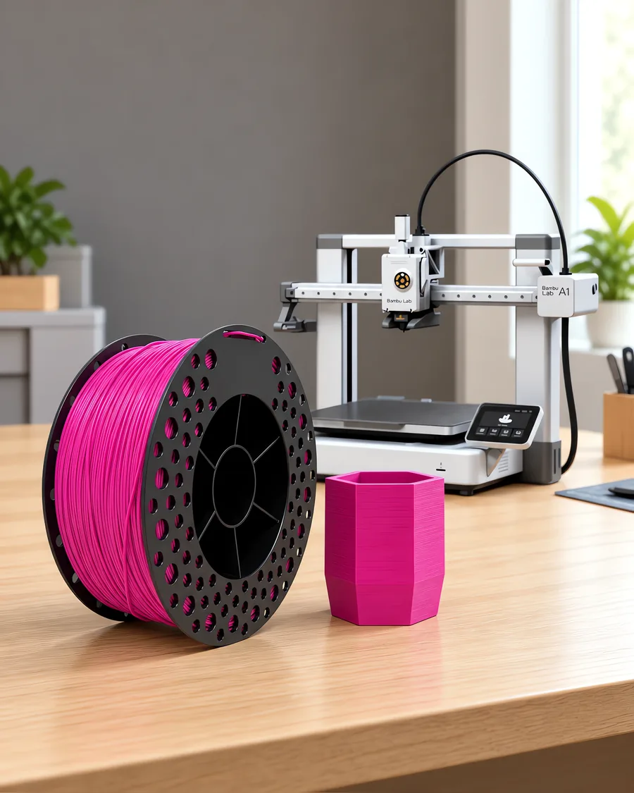 Carretel de filamento pla fucsia sobre una mesa de roble claro, con una impresora 3D detrás y una maceta impresa en el mismo color al lado.