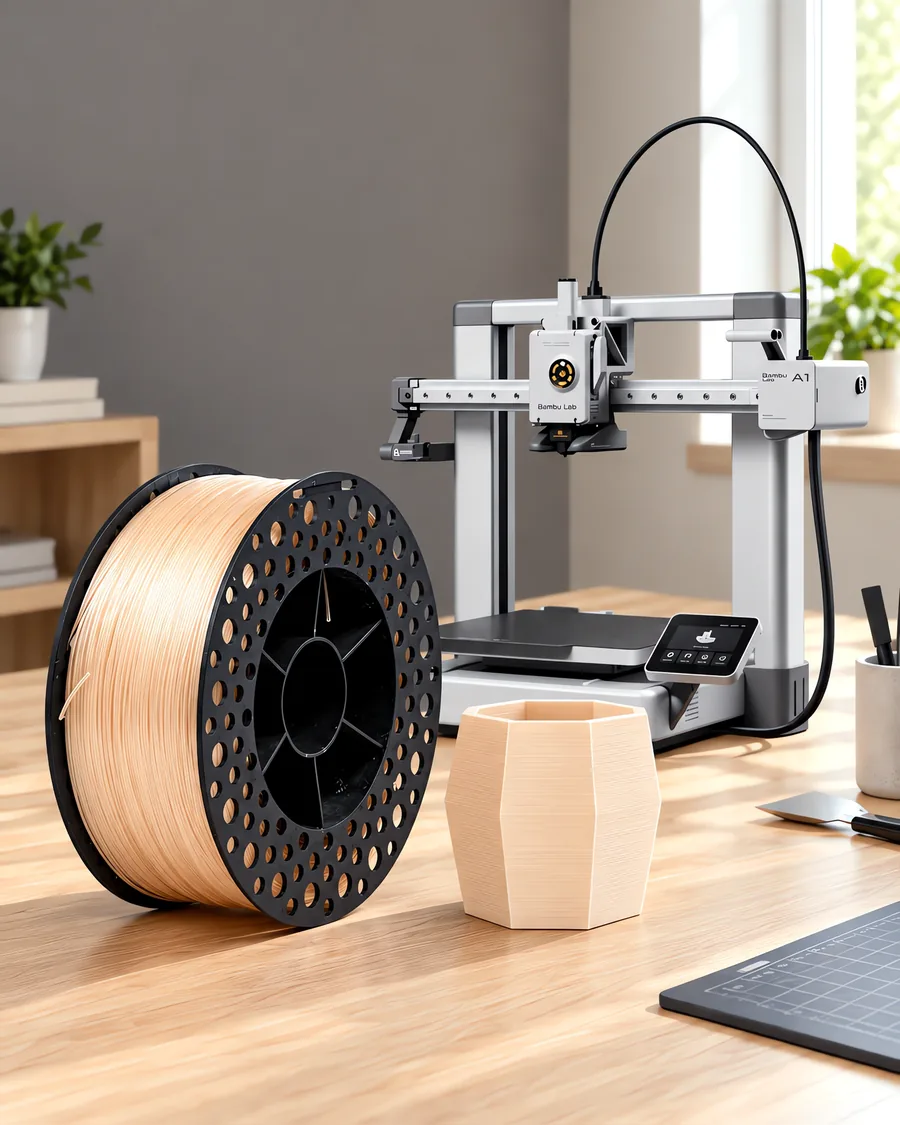 Carretel de filamento pla natural sobre una mesa de roble claro, con una impresora 3D detrás y una maceta impresa en el mismo color al lado.