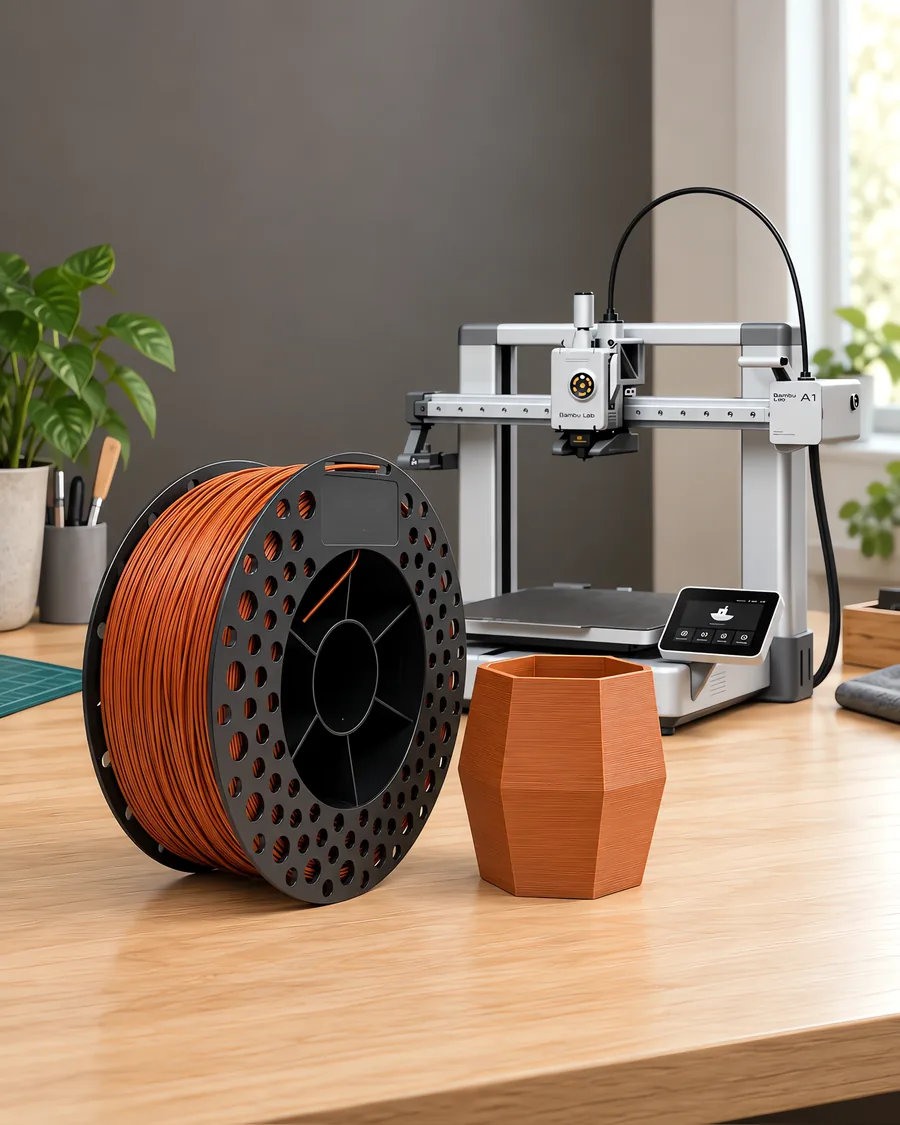 Carretel de filamento pla rustico sobre una mesa de roble claro, con una impresora 3D detrás y una maceta impresa en el mismo color al lado.