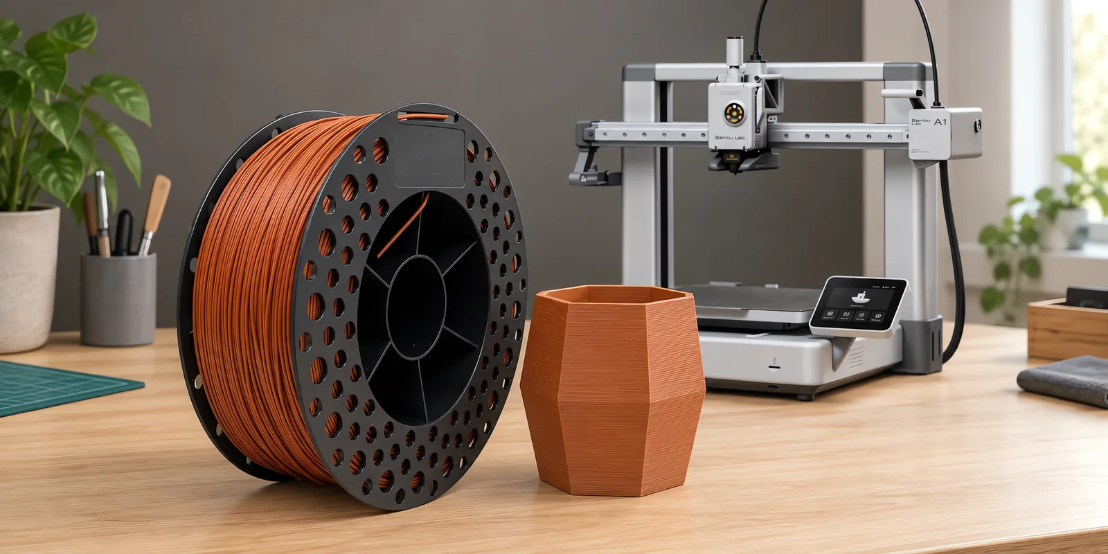 Carretel de filamento pla rustico sobre una mesa de roble claro, con una impresora 3D detrás y una maceta impresa en el mismo color al lado.