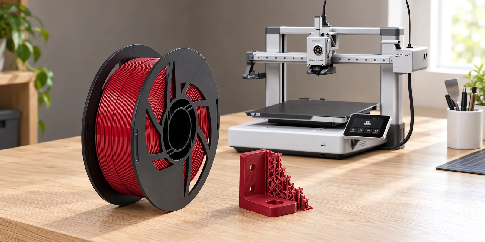 Carretel de filamento pla 850 bordo sobre una mesa de roble claro, con una impresora 3D detrás y un soporte impresa en el mismo color al lado.