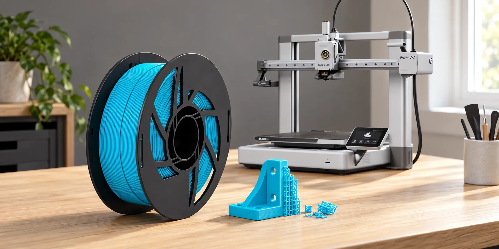Carretel de filamento pla 850 turquesa sobre una mesa de roble claro, con una impresora 3D detrás y un soporte impresa en el mismo color al lado.