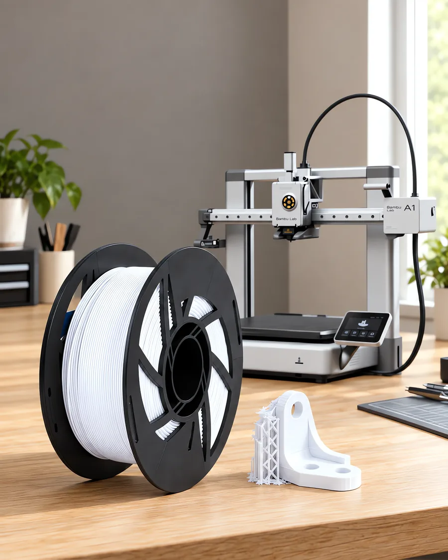 Carretel de filamento pla 870 blanco sobre una mesa de roble claro, con una impresora 3D detrás y un soporte impresa en el mismo color al lado.