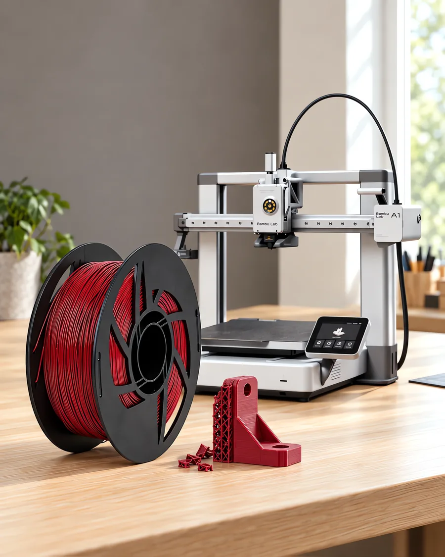 Carretel de filamento pla 870 bordo sobre una mesa de roble claro, con una impresora 3D detrás y un soporte impresa en el mismo color al lado.