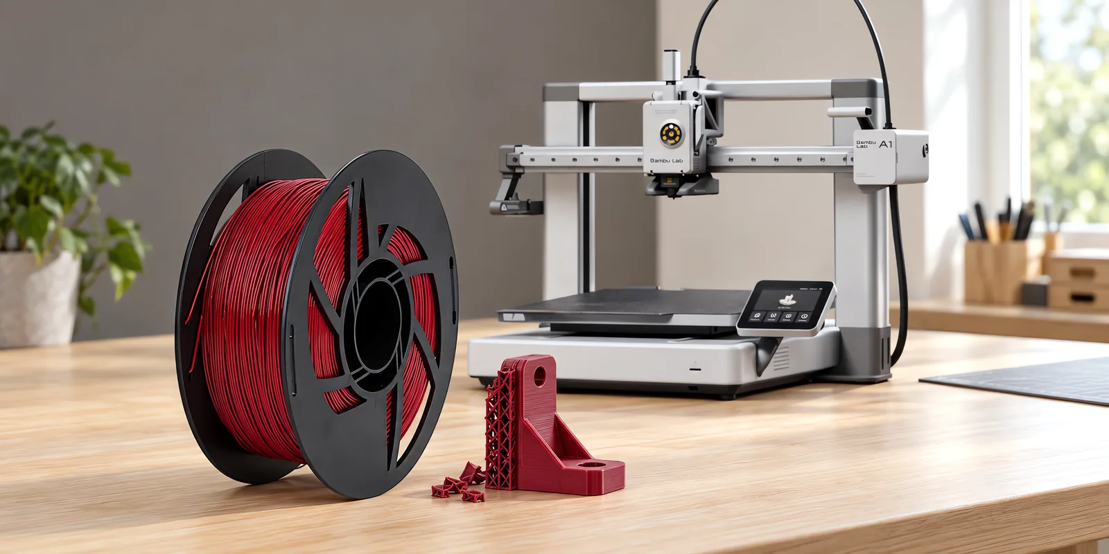 Carretel de filamento pla 870 bordo sobre una mesa de roble claro, con una impresora 3D detrás y un soporte impresa en el mismo color al lado.