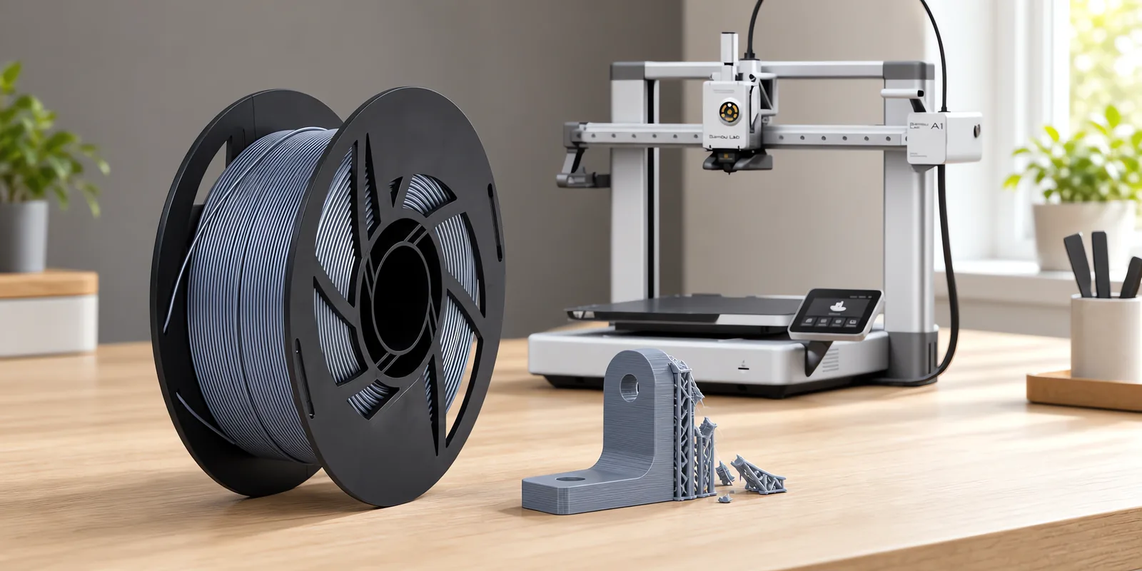 Carretel de filamento pla 870 gris plata sobre una mesa de roble claro, con una impresora 3D detrás y un soporte impresa en el mismo color al lado.