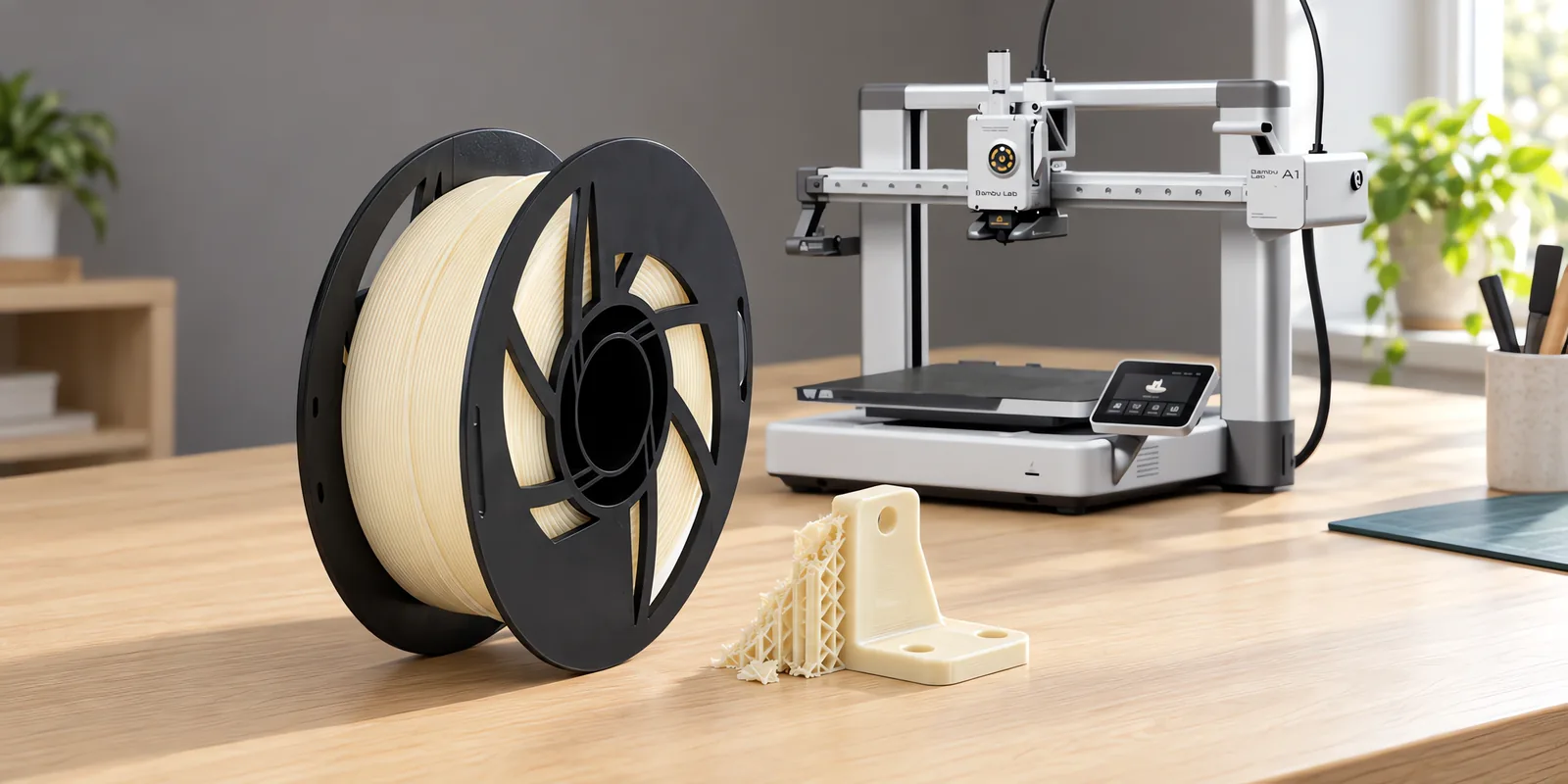 Carretel de filamento pla 870 natural sobre una mesa de roble claro, con una impresora 3D detrás y un soporte impresa en el mismo color al lado.