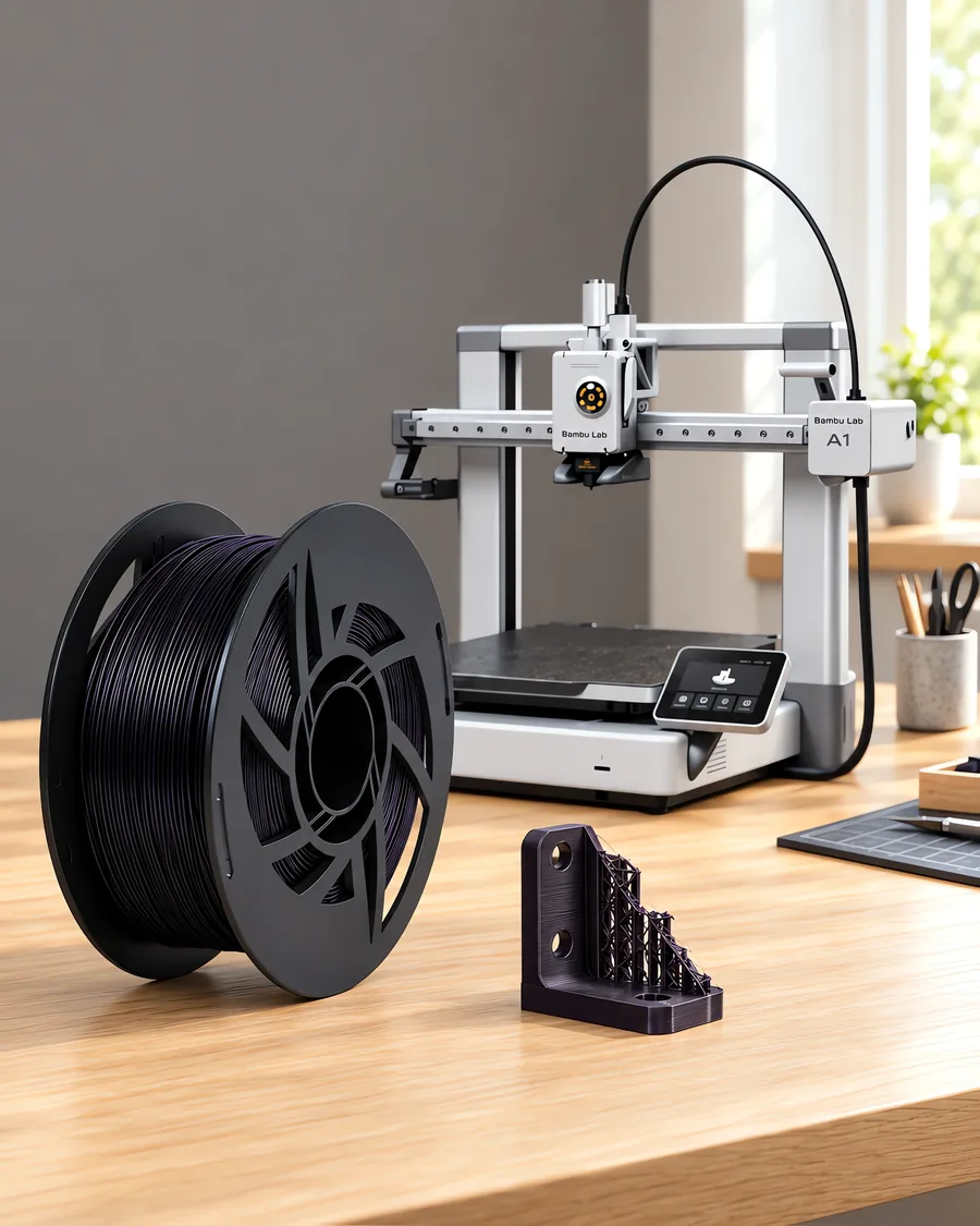 Carretel de filamento pla 870 negro sobre una mesa de roble claro, con una impresora 3D detrás y un soporte impresa en el mismo color al lado.