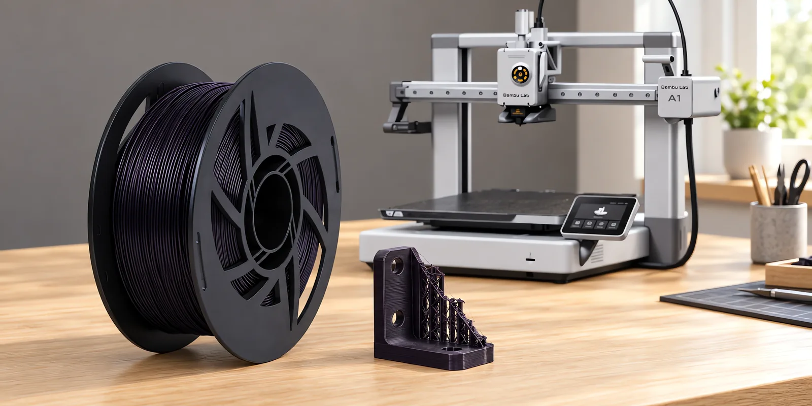 Carretel de filamento pla 870 negro sobre una mesa de roble claro, con una impresora 3D detrás y un soporte impresa en el mismo color al lado.