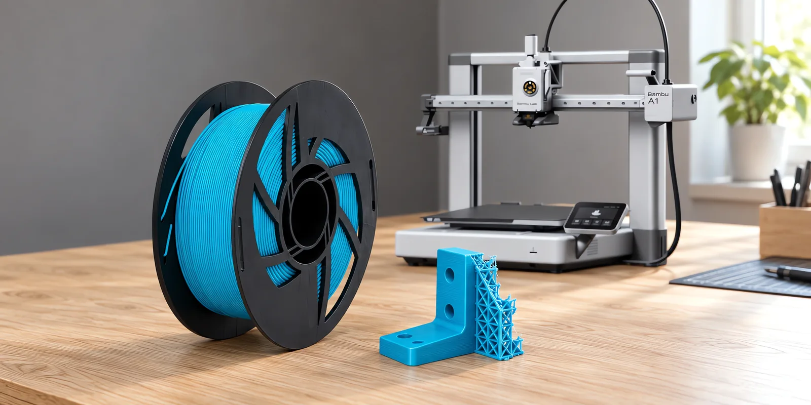 Carretel de filamento pla 870 turquesa sobre una mesa de roble claro, con una impresora 3D detrás y un soporte impresa en el mismo color al lado.
