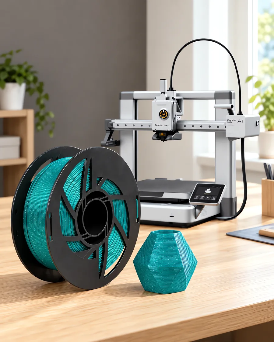 Carretel de filamento pla astra jade sobre una mesa de roble claro, con una impresora 3D detrás y un adorno impresa en el mismo color al lado.