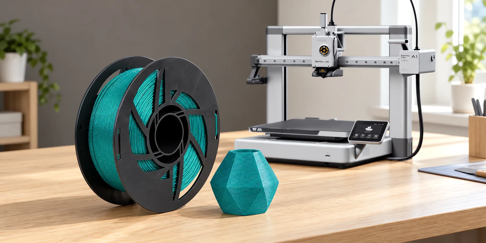 Carretel de filamento pla astra jade sobre una mesa de roble claro, con una impresora 3D detrás y un adorno impresa en el mismo color al lado.