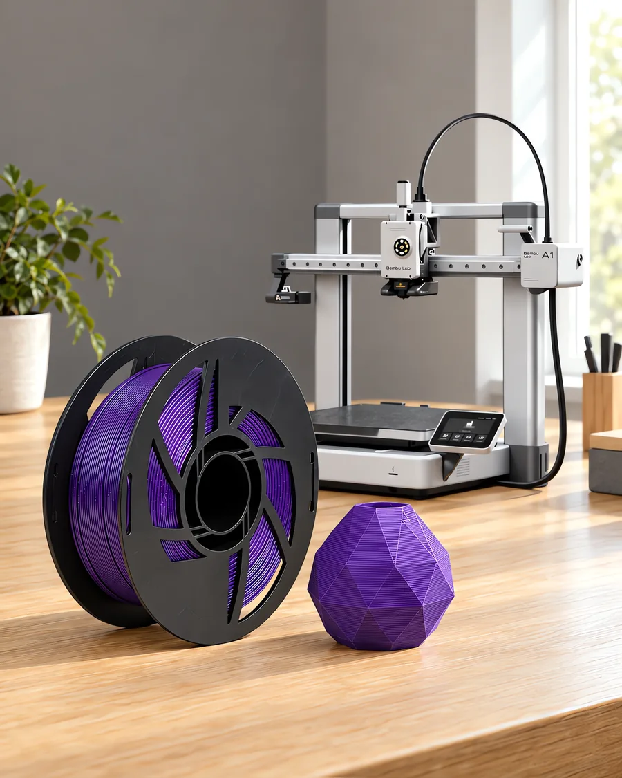 Carretel de filamento pla astra nebula sobre una mesa de roble claro, con una impresora 3D detrás y un adorno impresa en el mismo color al lado.