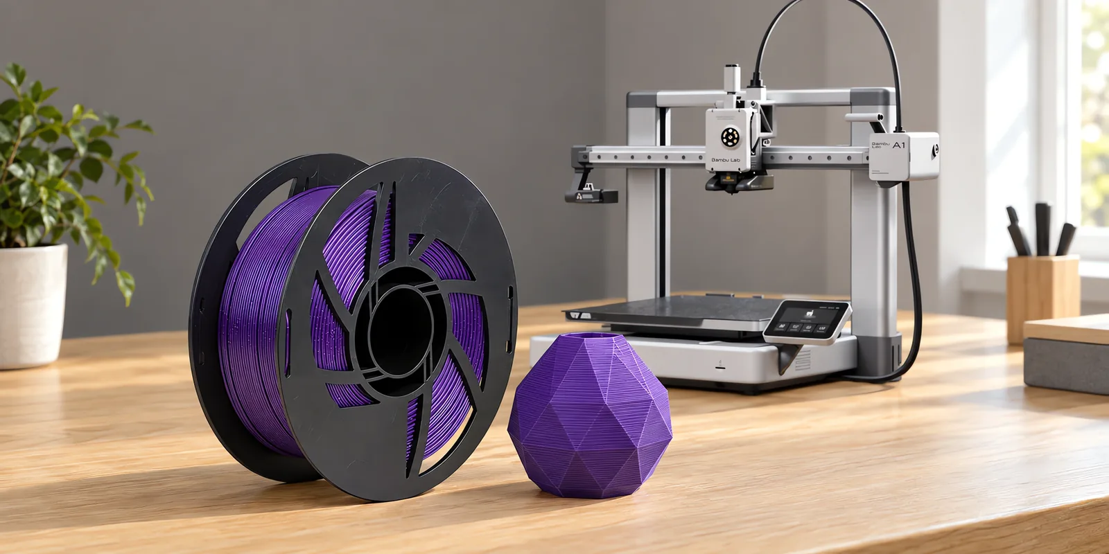 Carretel de filamento pla astra nebula sobre una mesa de roble claro, con una impresora 3D detrás y un adorno impresa en el mismo color al lado.
