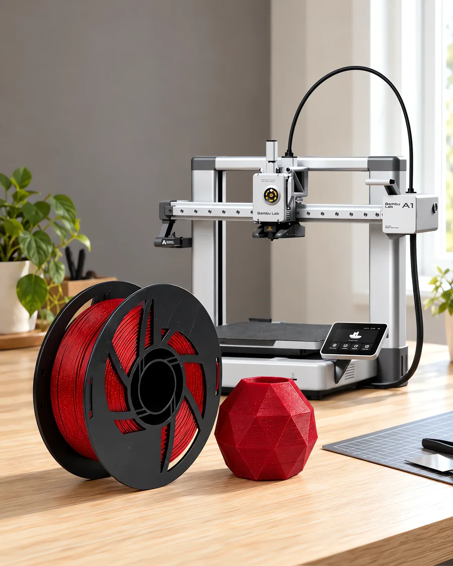 Carretel de filamento pla astra roby sobre una mesa de roble claro, con una impresora 3D detrás y un adorno impresa en el mismo color al lado.