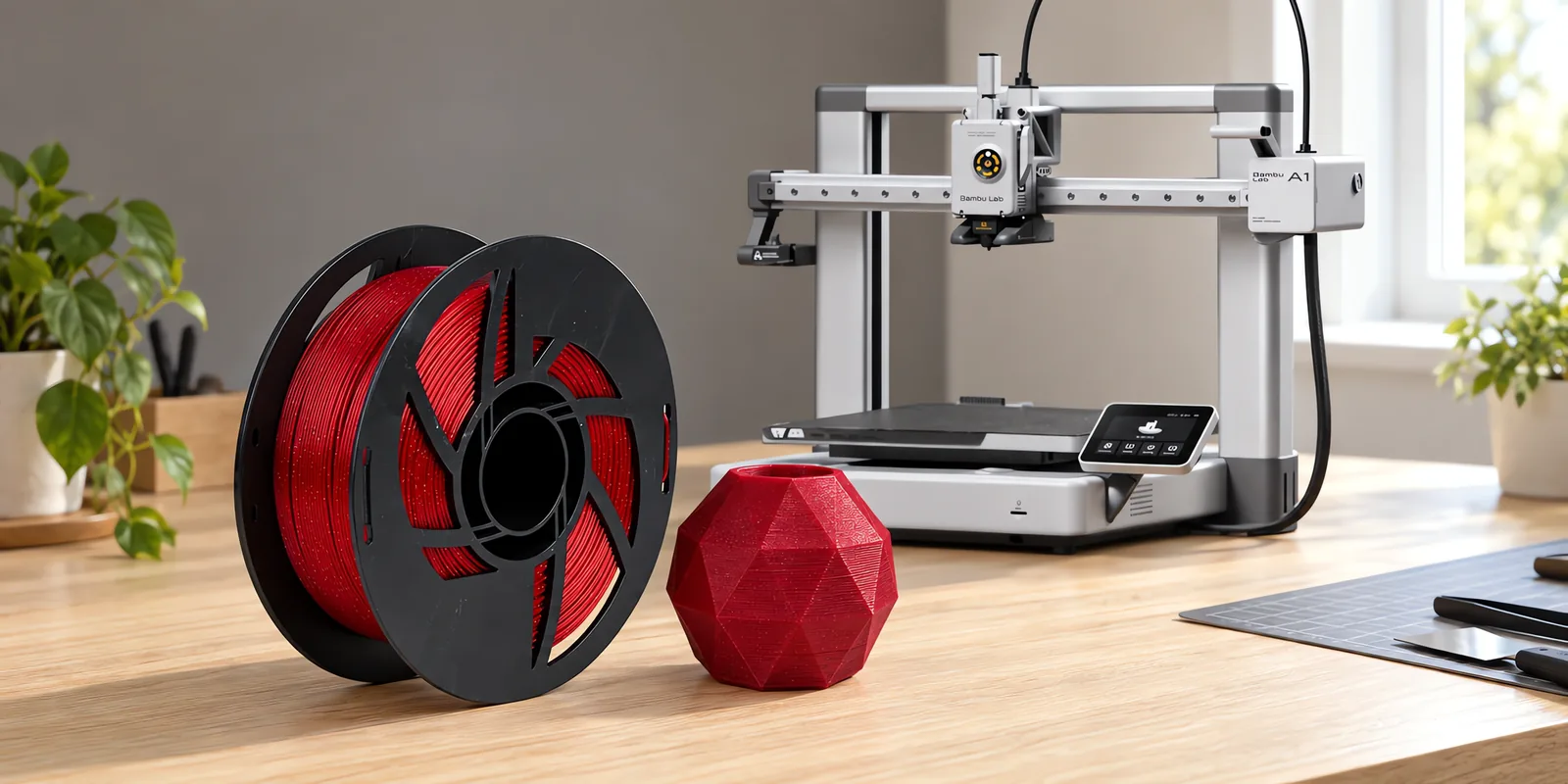 Carretel de filamento pla astra roby sobre una mesa de roble claro, con una impresora 3D detrás y un adorno impresa en el mismo color al lado.