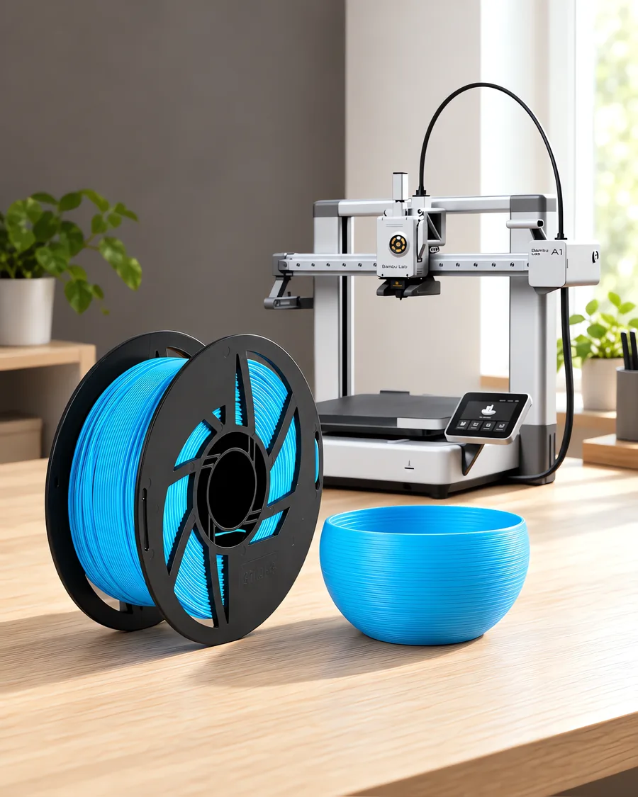 Carretel de filamento pla boutique acqua sobre una mesa de roble claro, con una impresora 3D detrás y un cuenco impresa en el mismo color al lado.