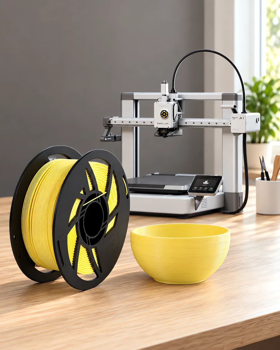 Carretel de filamento pla boutique arena sobre una mesa de roble claro, con una impresora 3D detrás y un cuenco impresa en el mismo color al lado.