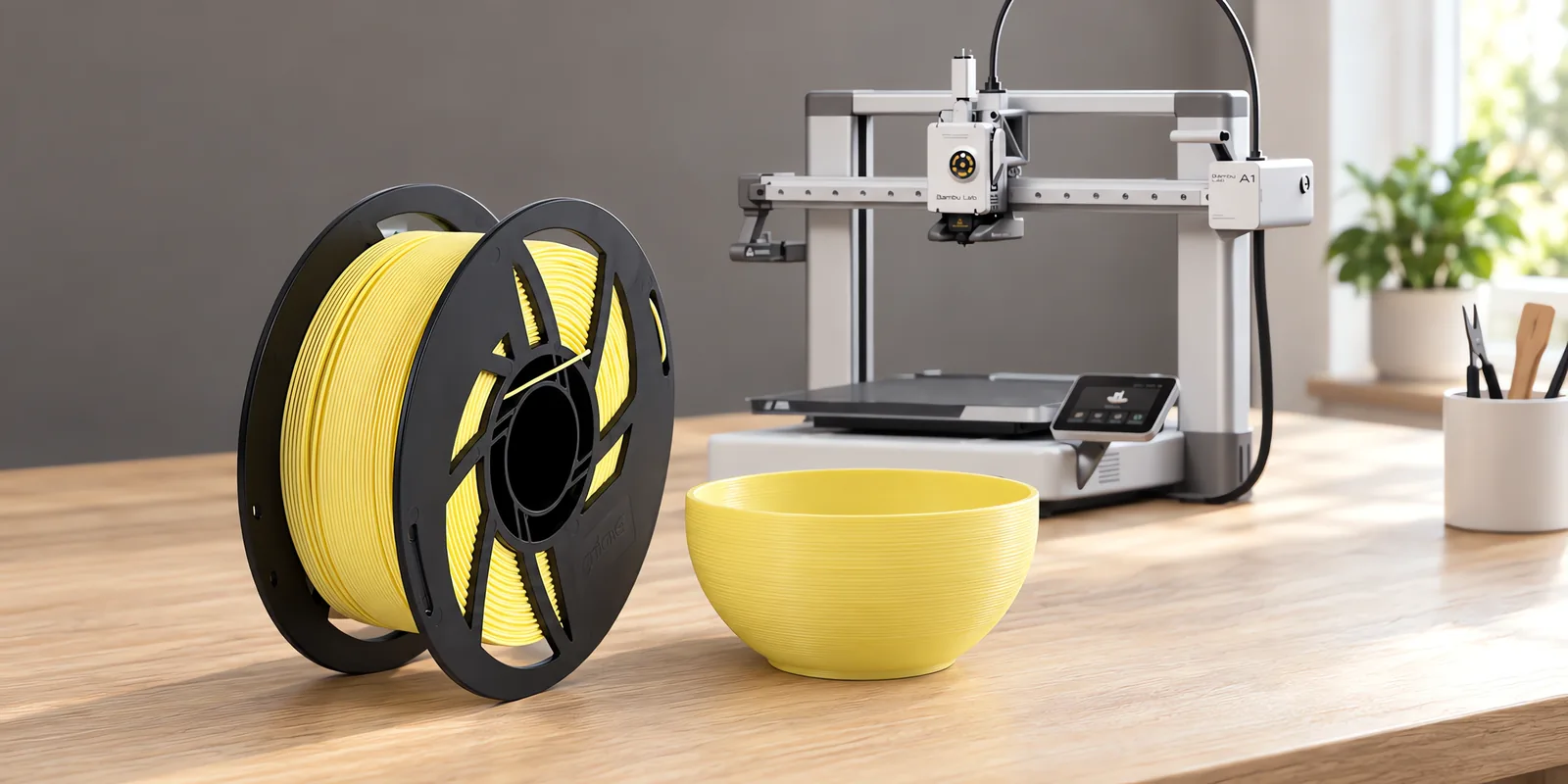 Carretel de filamento pla boutique arena sobre una mesa de roble claro, con una impresora 3D detrás y un cuenco impresa en el mismo color al lado.