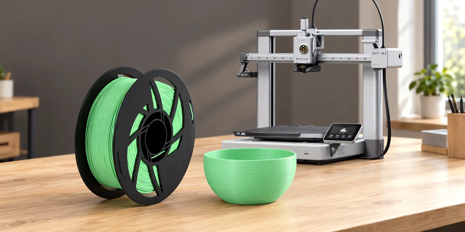 Carretel de filamento pla boutique caribe sobre una mesa de roble claro, con una impresora 3D detrás y un cuenco impresa en el mismo color al lado.