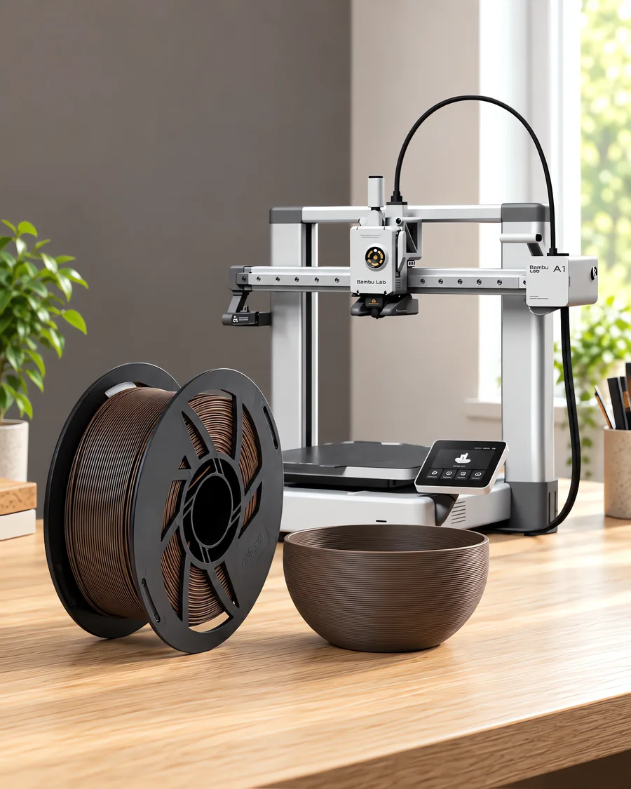 Carretel de filamento pla boutique chocolate sobre una mesa de roble claro, con una impresora 3D detrás y un cuenco impresa en el mismo color al lado.