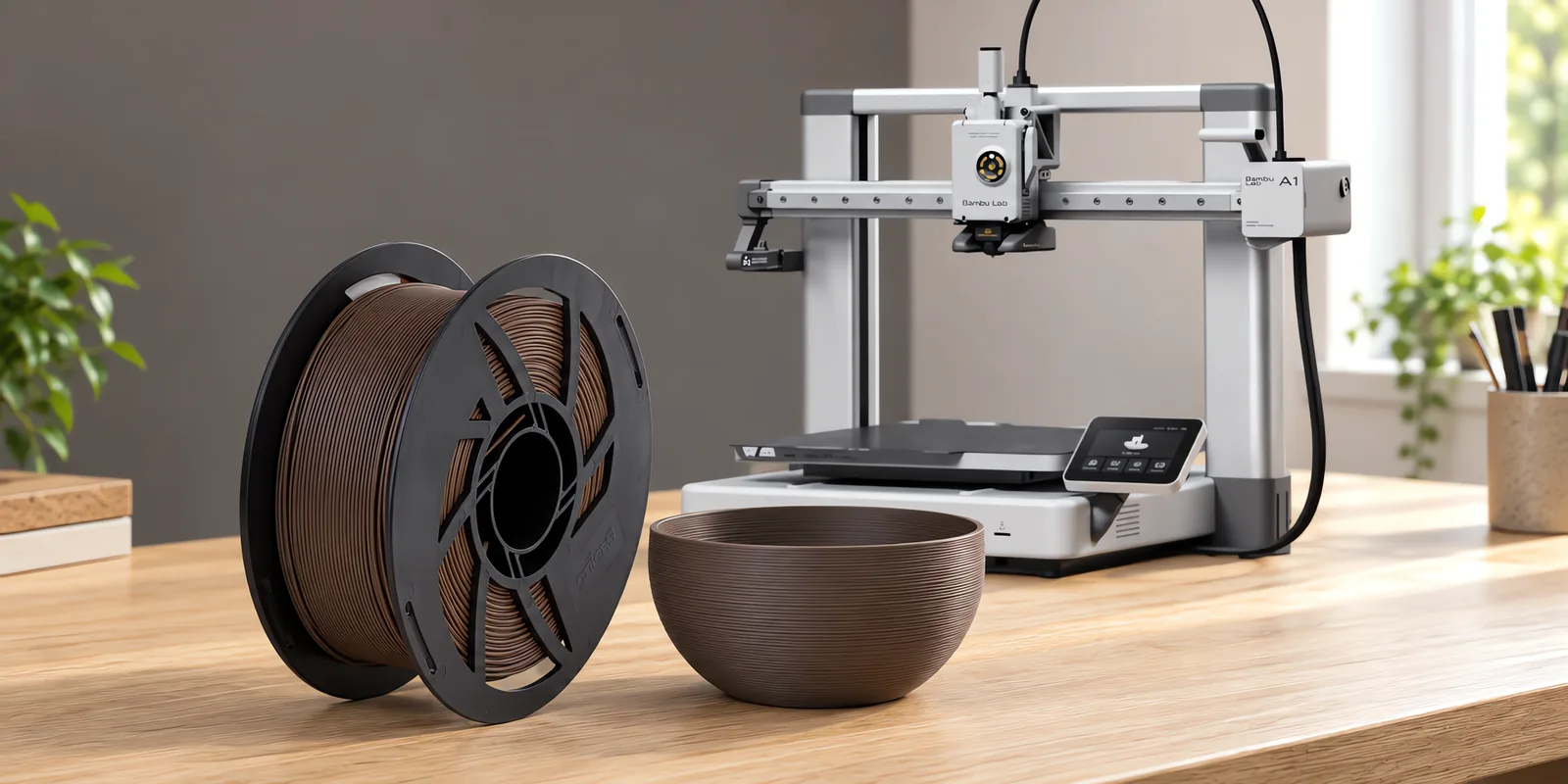 Carretel de filamento pla boutique chocolate sobre una mesa de roble claro, con una impresora 3D detrás y un cuenco impresa en el mismo color al lado.