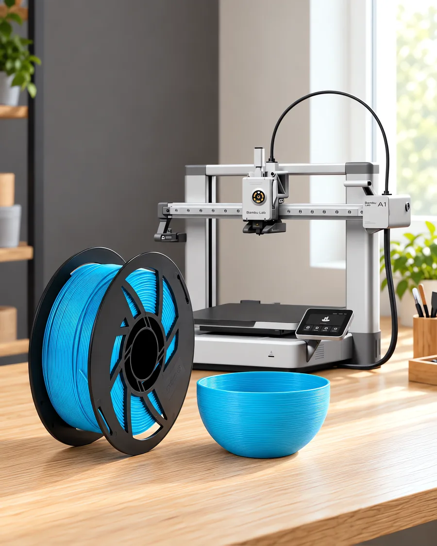 Carretel de filamento pla boutique crema del cielo sobre una mesa de roble claro, con una impresora 3D detrás y un cuenco impresa en el mismo color al lado.