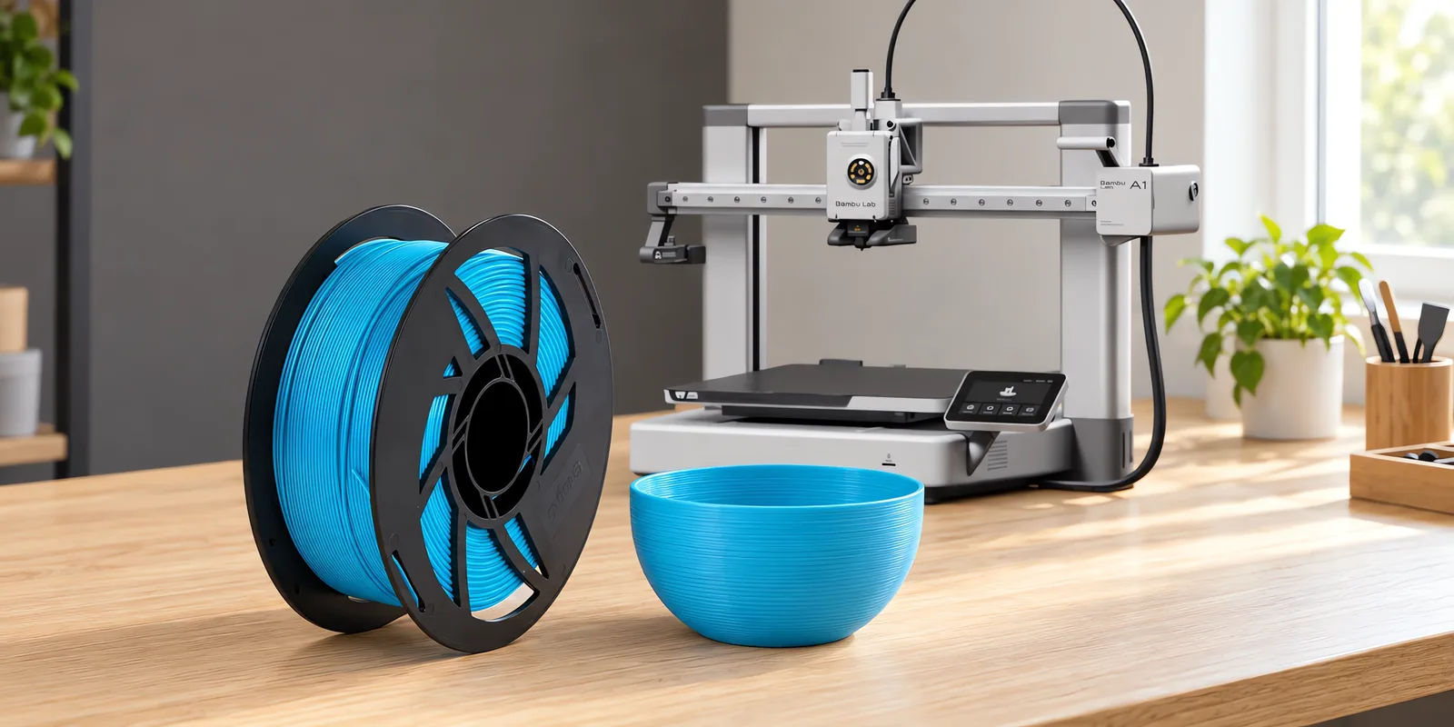 Carretel de filamento pla boutique crema del cielo sobre una mesa de roble claro, con una impresora 3D detrás y un cuenco impresa en el mismo color al lado.
