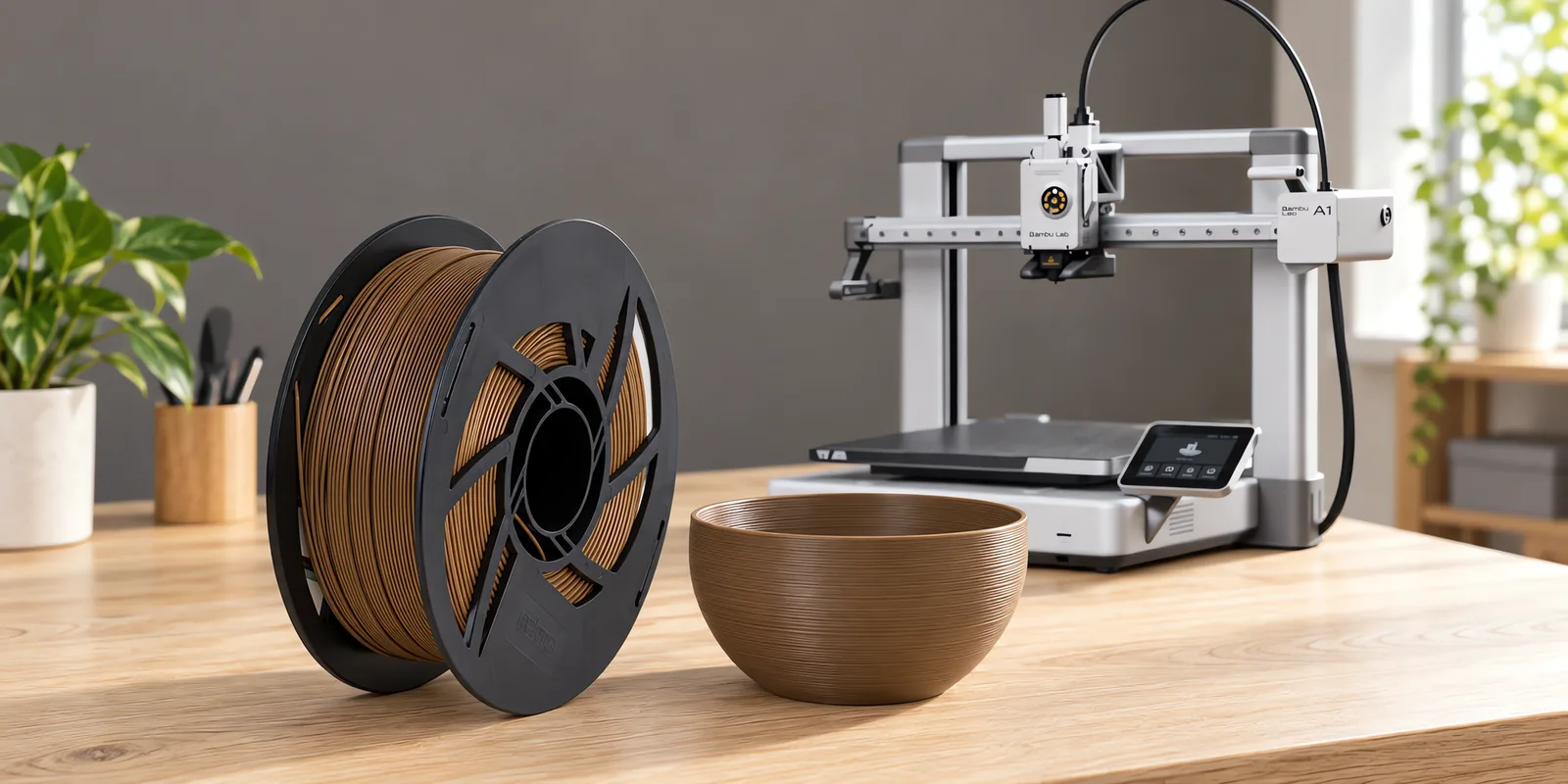 Carretel de filamento pla boutique dulce de leche sobre una mesa de roble claro, con una impresora 3D detrás y un cuenco impresa en el mismo color al lado.