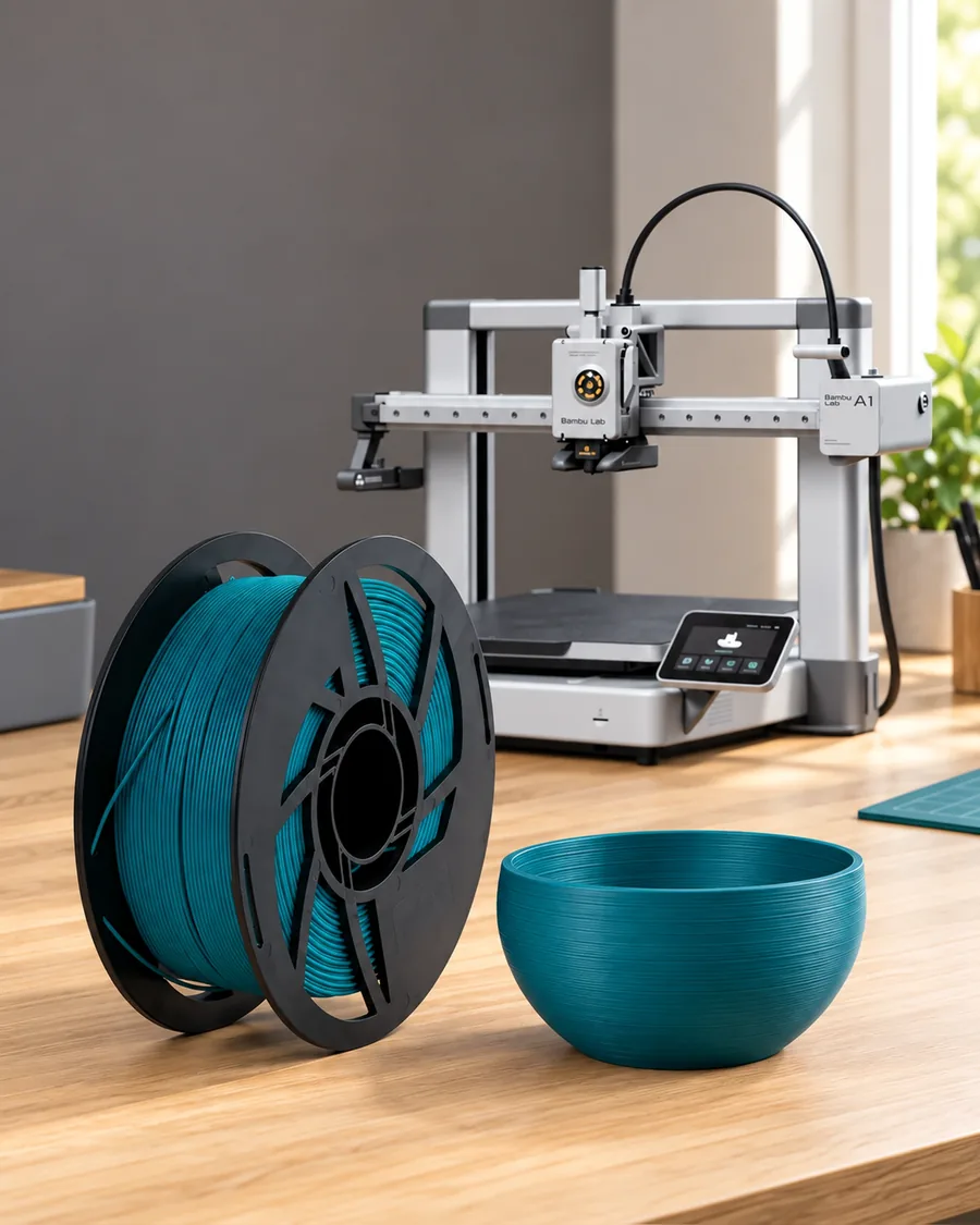 Carretel de filamento pla boutique esmeralda sobre una mesa de roble claro, con una impresora 3D detrás y un cuenco impresa en el mismo color al lado.