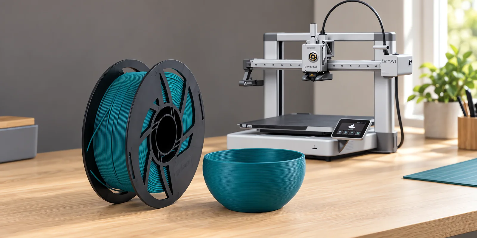 Carretel de filamento pla boutique esmeralda sobre una mesa de roble claro, con una impresora 3D detrás y un cuenco impresa en el mismo color al lado.