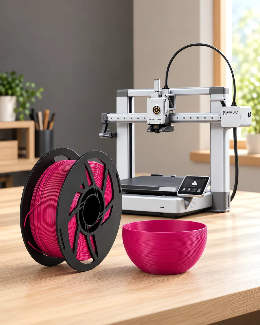 Carretel de filamento pla boutique frutilla sobre una mesa de roble claro, con una impresora 3D detrás y un cuenco impresa en el mismo color al lado.
